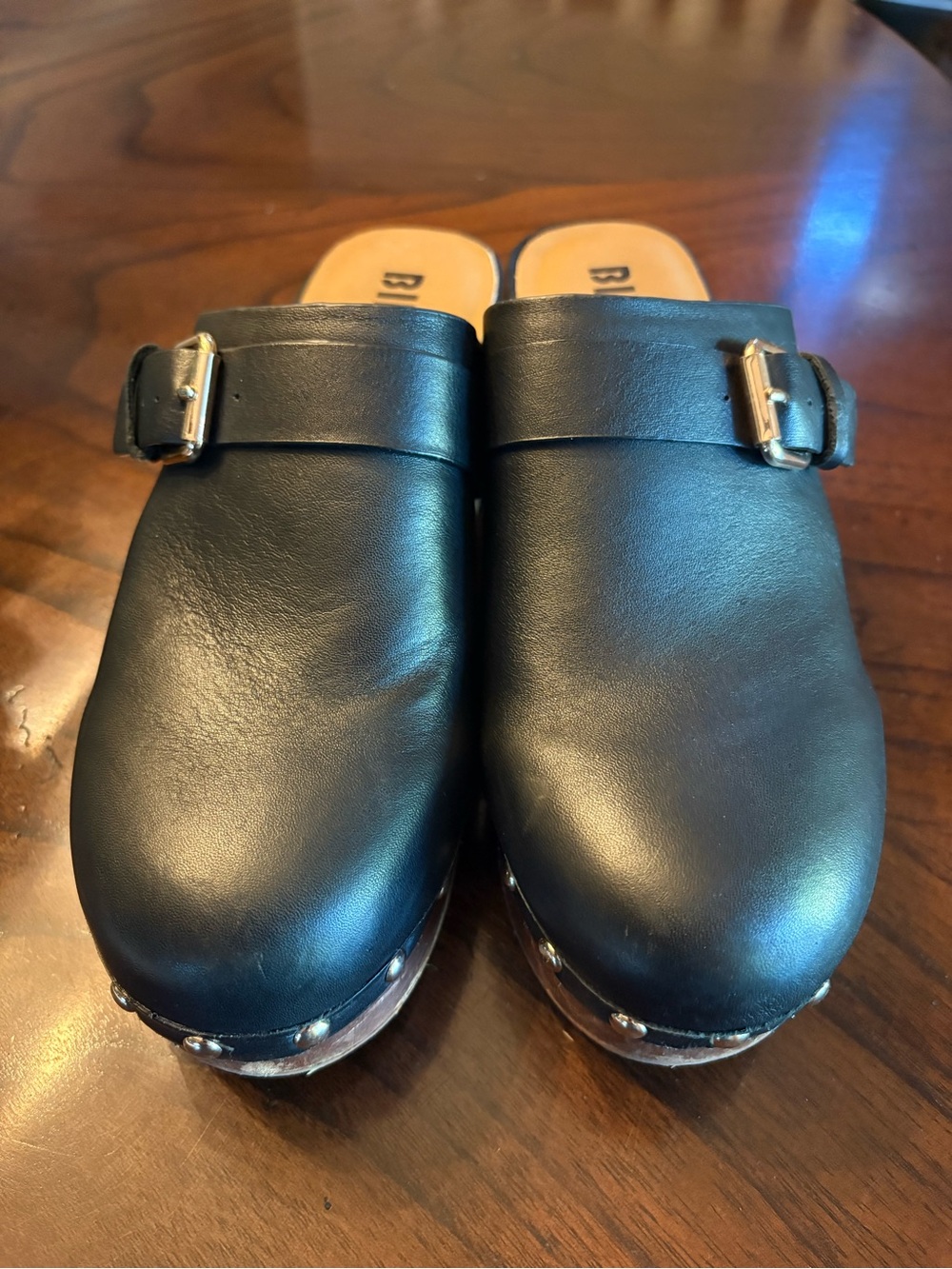 Bibi Lou Women's Black Leather Mule Clogs with Buckle Accent